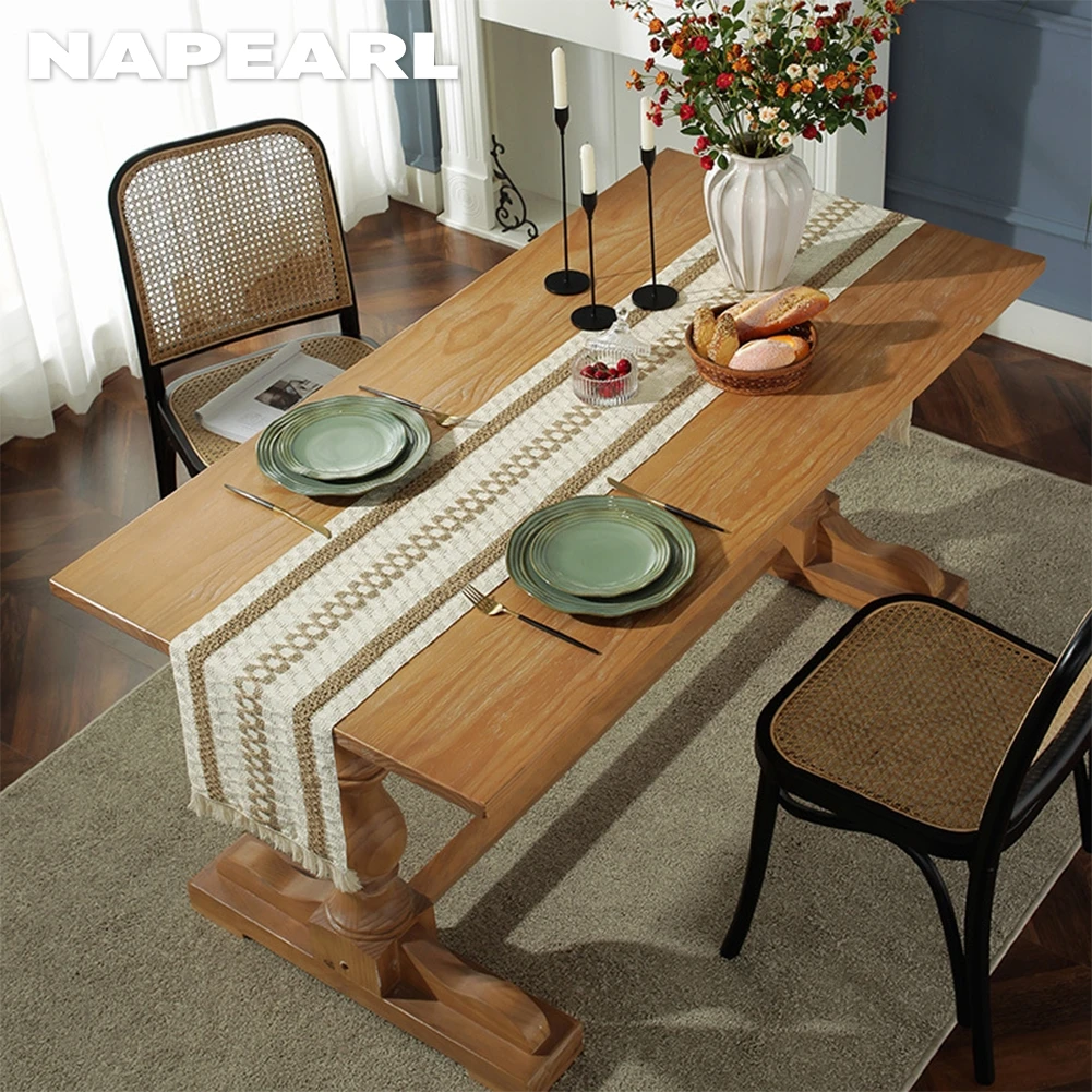 NAPEARL Cotton Linen Striped Table Runner Table Cover Tassel Fringe Meal Mat Heat Insulation Home Decor 1PC