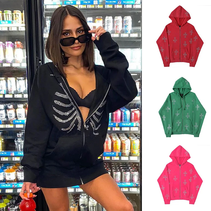 

Rib Blink Diamond Rhinestone Y2k Women Hoodies Pocket Zipper Coat Flame Grunge Harajuku Loose Flame Vintage Zip Up Sweatshirts