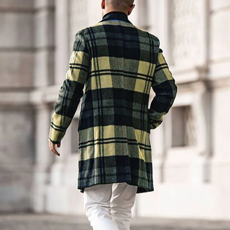 

Winter Warm Long Sleeve Outerwear 2021 Autumn Men Casual Turn-down Collar Coat Fashion Plaid Printed Woolen Long Jackets For Men