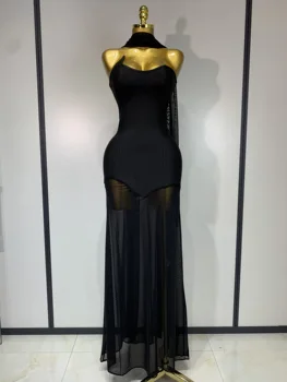 Sexy Strapless Long Bandage Dress Black Mesh Patchwork Elegant Women Blackless Evening Party Gowns Bodycon Birthday Dresses 1