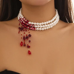 Vintage Red Blood Pattern Pearl Tassel Pendant Necklace for Women - Goth Crystal Bead Chain Jewelry (Red Color)
