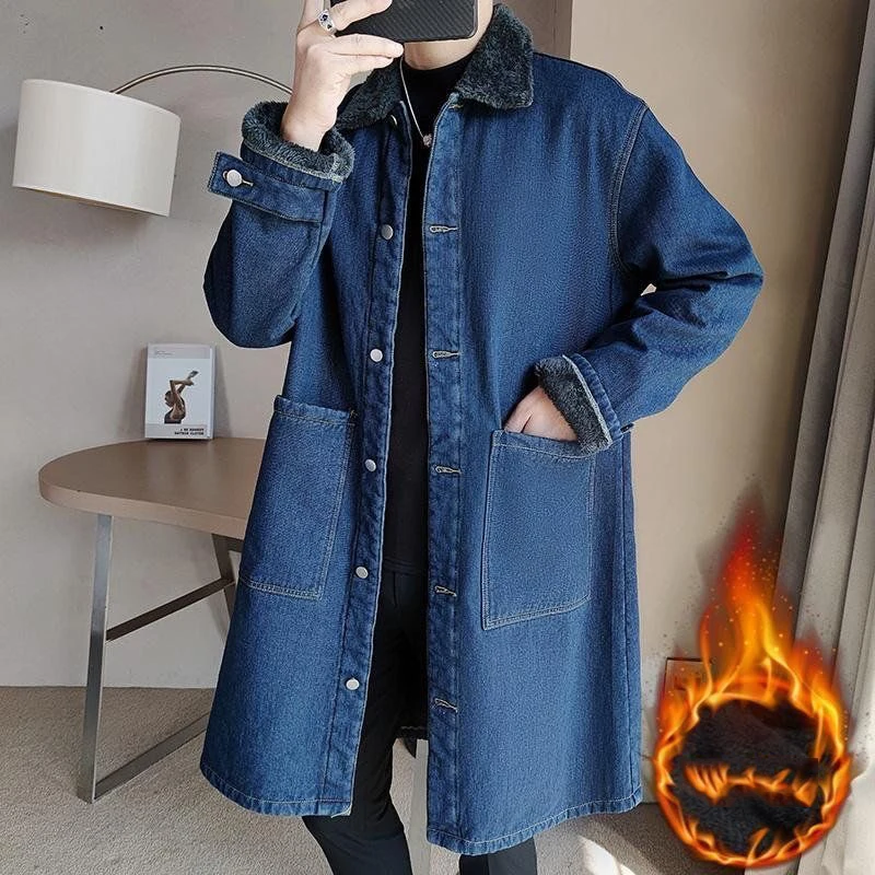 Trench Coat Warmth Coat Waterproof Windbreaker Jacket Casual Men Jacket Vintage Denim Trench Coat Men Medium Long Styles Loose Tops Windbreaker Autumn Winter With Plush Thickening Overcoat Jacket