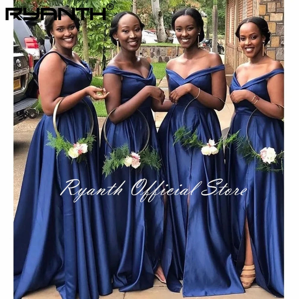 

Off Shoulder African Bridesmaid Dress Navy Blue Simple Satin Long Dresses De Soiree Long Cheap Maid Of Honor Women Party Dresses