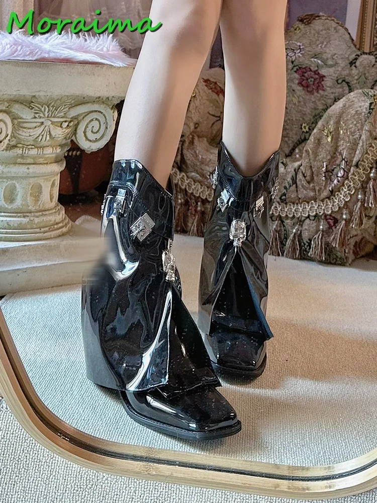 

Patent Leather Skull Metal Decor Mid Calf Boots Square Toe Block Heel Black Solid Slip On Women Shoes Fashion Autumn Winter 2023