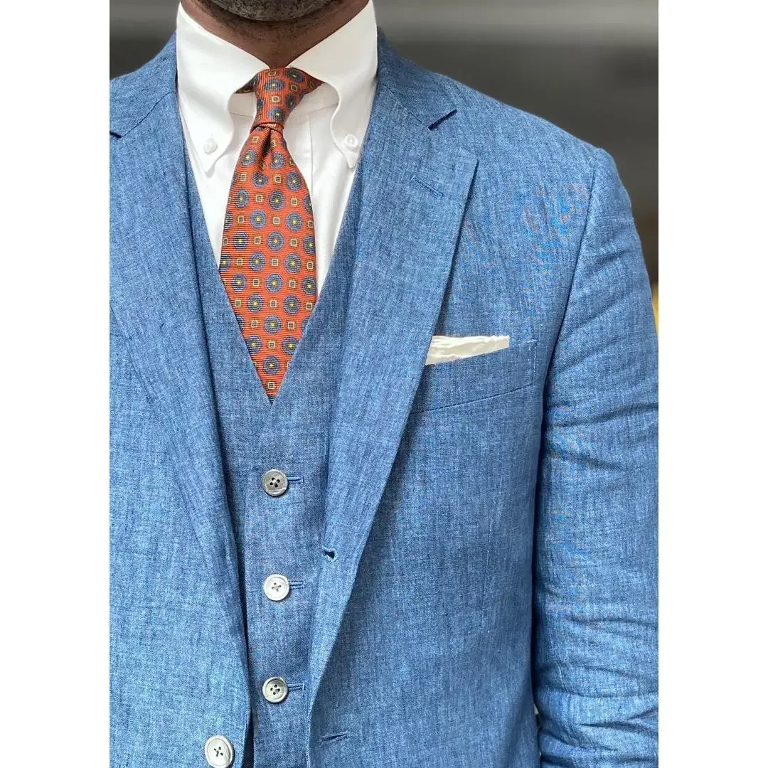 2024 Blue Summer Linen Business Suits For Men Smart Casual Slim Fit Blazer Hombre High Quality Custom 3 Piece Set Costume Homme