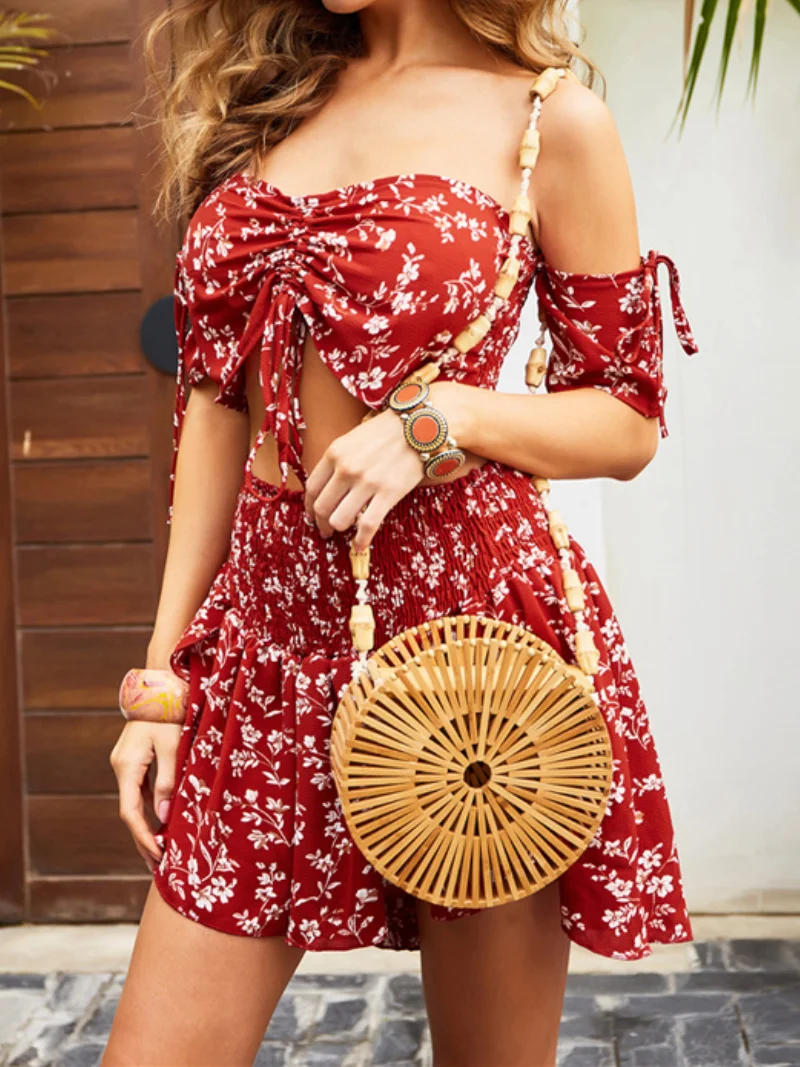Summer Slim Chiffon Print Two Piece Sets Women Indie Short Sleeve Top + High Waist Shorts Fashion Sexy Strapless Bohemian Suit