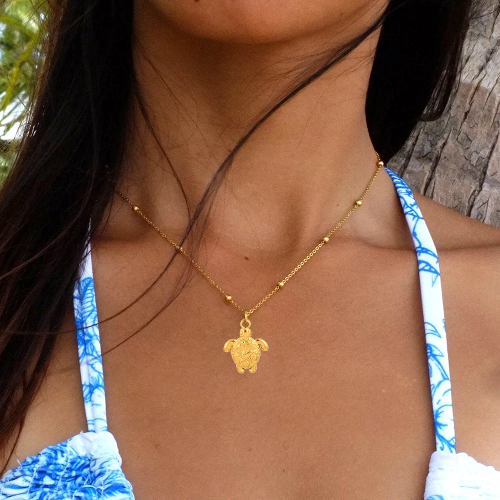 Damen-Halskette, Sommer, Strand, Edelstahl, Schildkröte-Anhänger, Halskette, golden, nicht faden, nicht allergisch, Schmuck, Strand-Geschenk, Trend 2025 – Detail 1