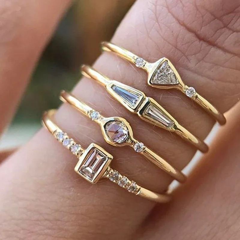 4pcs/Set Luxury Crystal Rings for Women Gold Color Wedding Jewelry ring set gold color rings finger ring gold color ring wedding rings wedding ring