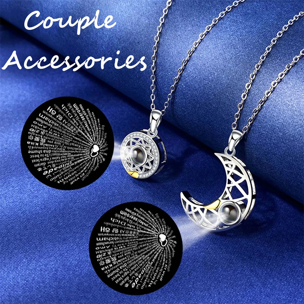 Romantic 100 Language I Love You Sun Moon Couple Pendant Necklace