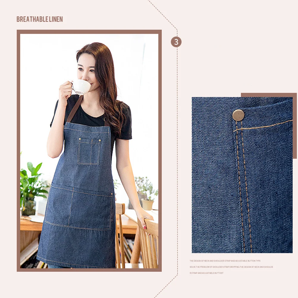 

Adjustable Denim Jean Apron Fashion Hanging Work Neck Apron with Pocket for Hairdresser Waiter Carpenter