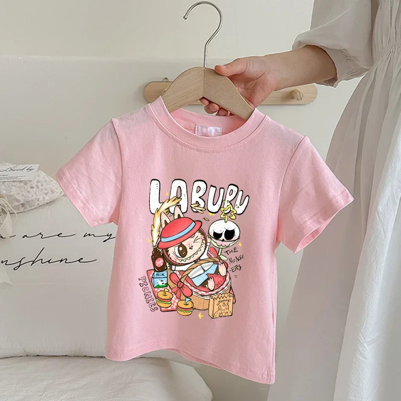 Labubu Pop Mart Pink T-shirt for Children Cartoon Anime Summer Short Sleeved Shirt Boys Girls Fashion Cute Clothing Kids Clothes 4