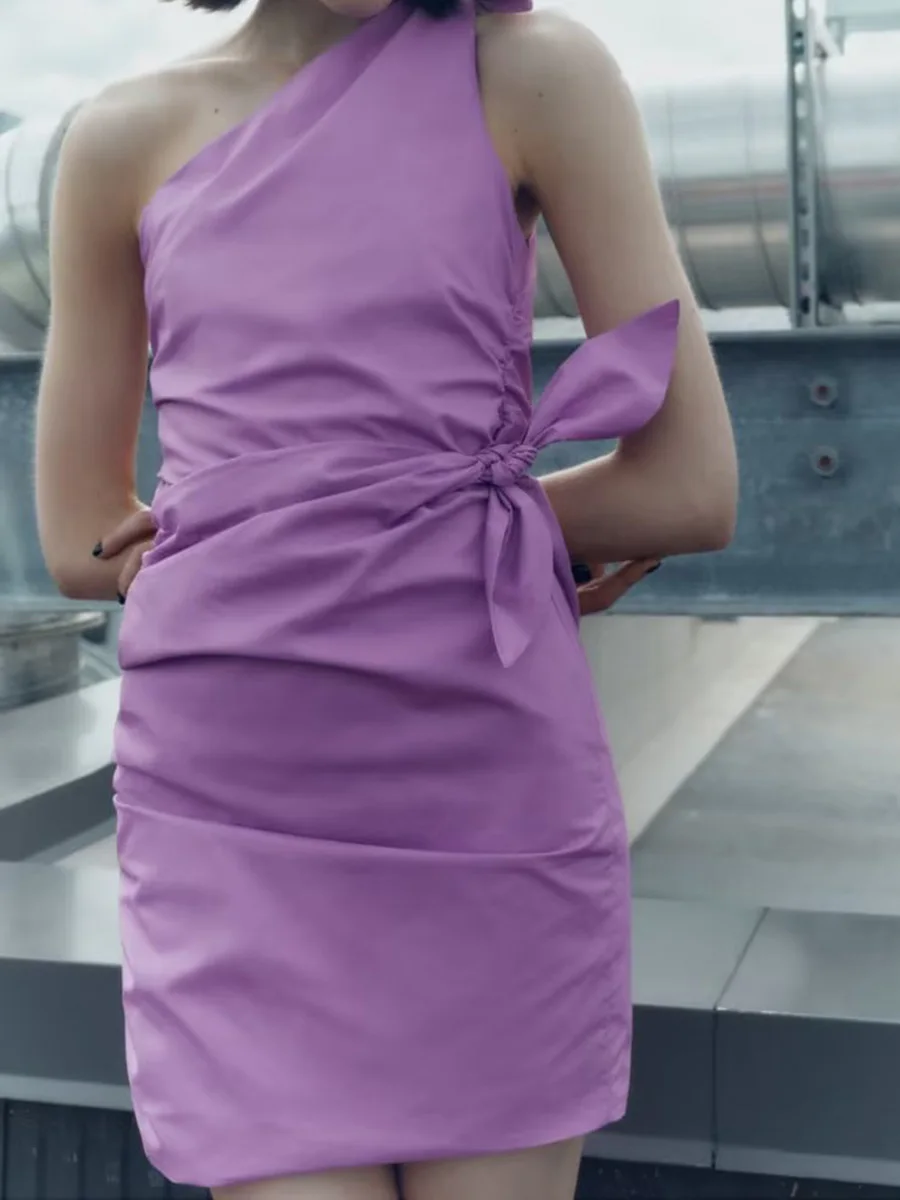 

Асимметричное фиолетовое мини-платье с узлом, модель 2023 года, модные простые облегающие летние женские платья с открытыми плечами, женское платье с оборками