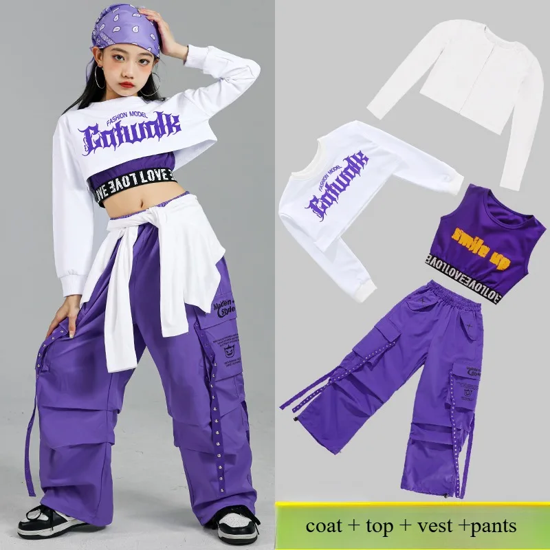 Girls' Jazz Dance Clothes White Tops Purple Trousers Children's Hip-hop Costumes Trendy Youth Outfits Stage Suit  Women's Groups - 4