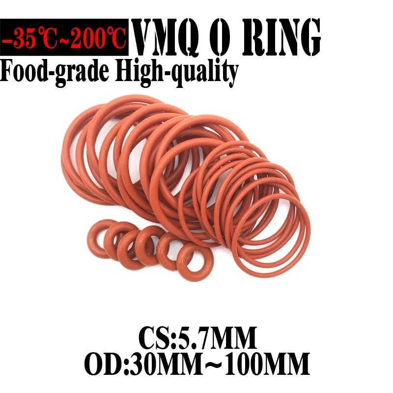 

10Pcs Red Silicone VMQ O Ring CS 5.7mm OD 30~100mm Food Grade Washers Gasket Sealing Waterproof Insulated Rubber Silicon o-ring