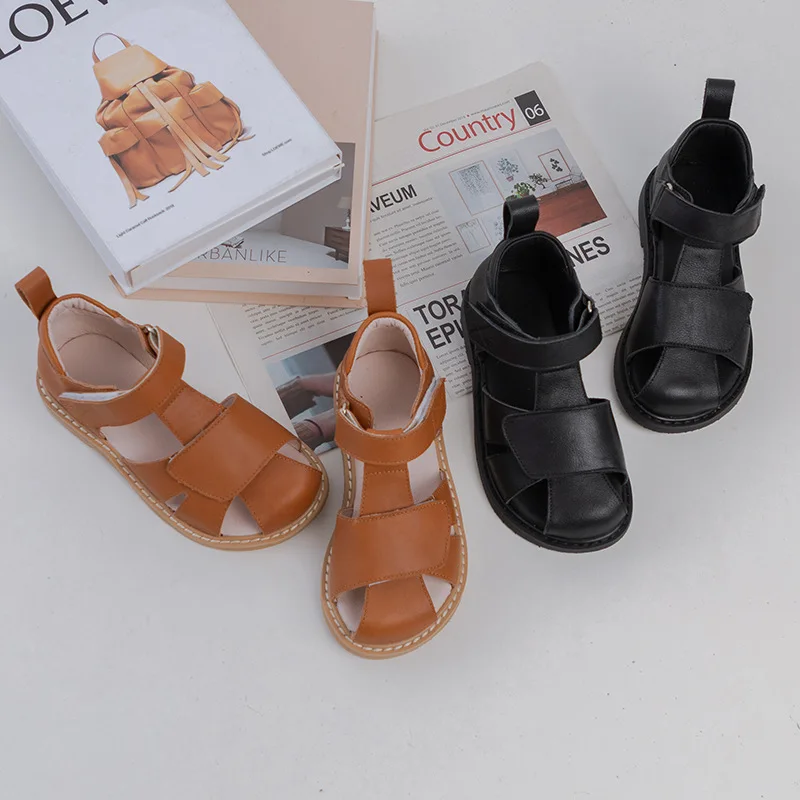 

Genuine Leather Sandals 2023 Summer New Retro Fashion Hollow Children Kids Shoes Fisherman Shoes Comfortable Roman Sandals