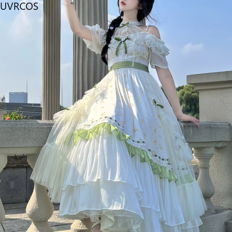 Victorian Vintage Lolita OP Dress Women Bow Ruffles Off Shoulder floral long Party Dress lolita dress,lolita cosplay costumes