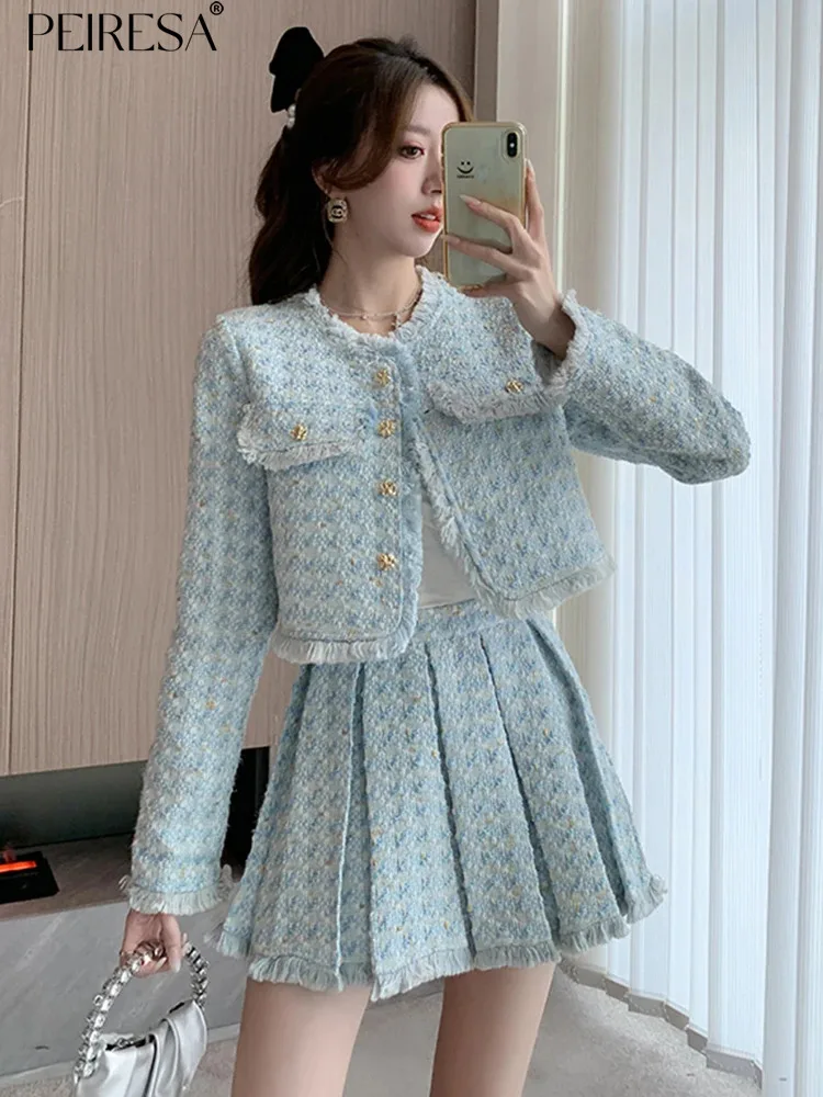 

PEIRESA 2023 Autumn New Tweed 2 Piece Sets Women Outfit Tassel Patchwork O Neck Button Decor Celebrity Coat Pleated Mini Skirt