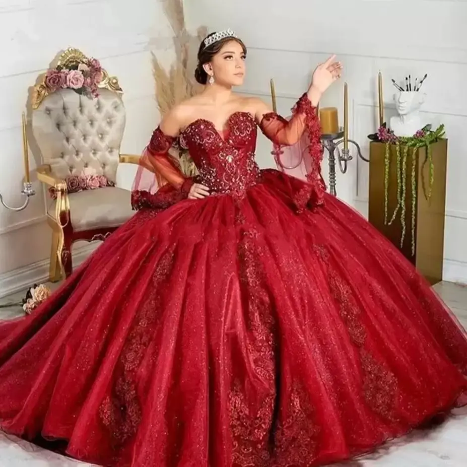 

ANGELSBRIDEP Glittering Burgundy Quinceanera Dresses Puffly Sleeves Party Gown Vestidos De 15 Anos Applique Birthday Formal Robe