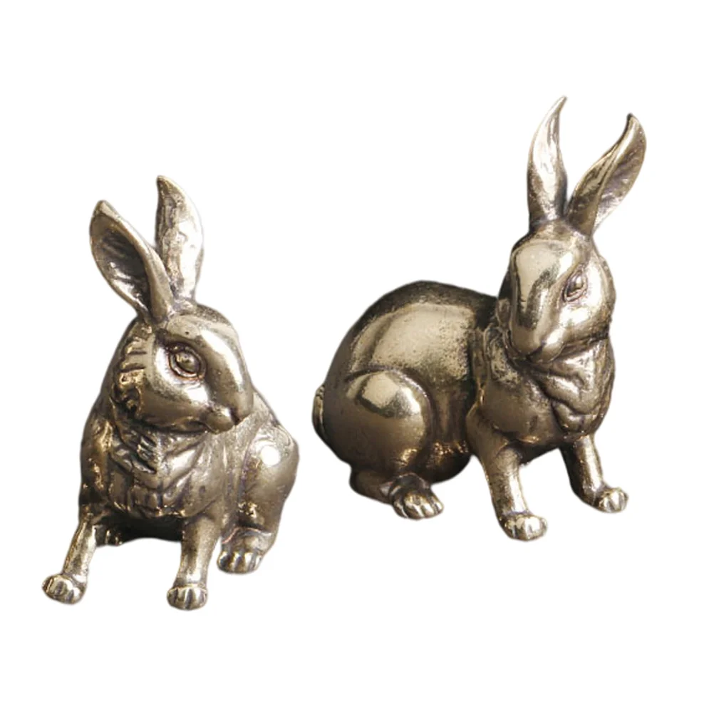 

2 Pcs Brass Bunny Retro Rabbit Figurine Exquisite Craft Mini Toy Delicate Adornment Style Carving Small Decor House Lovely