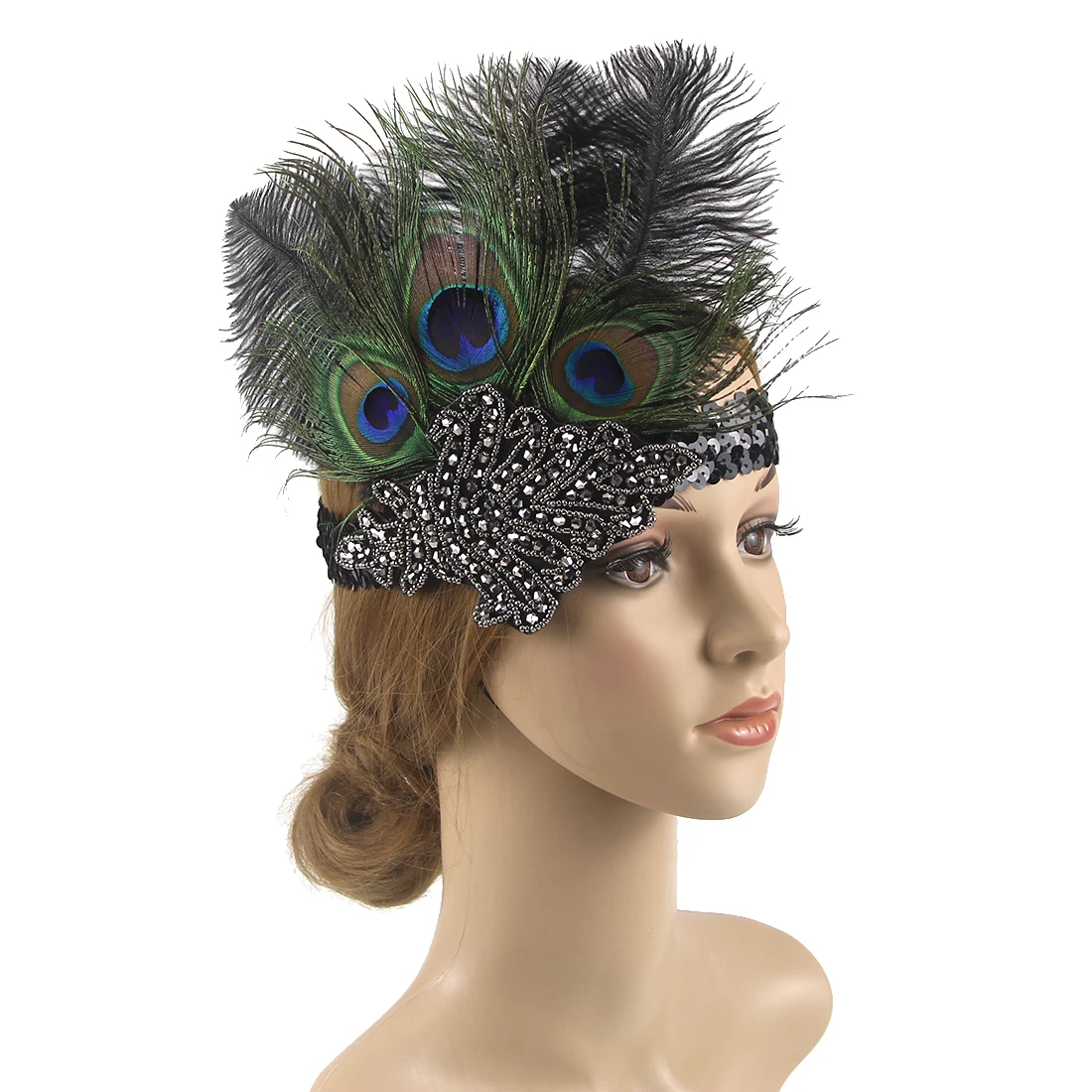 

1920s Flapper Gatsby ободок с перьями павлина, 20s вызывающий головной убор из бисера, эластичная повязка для волос с перьями
