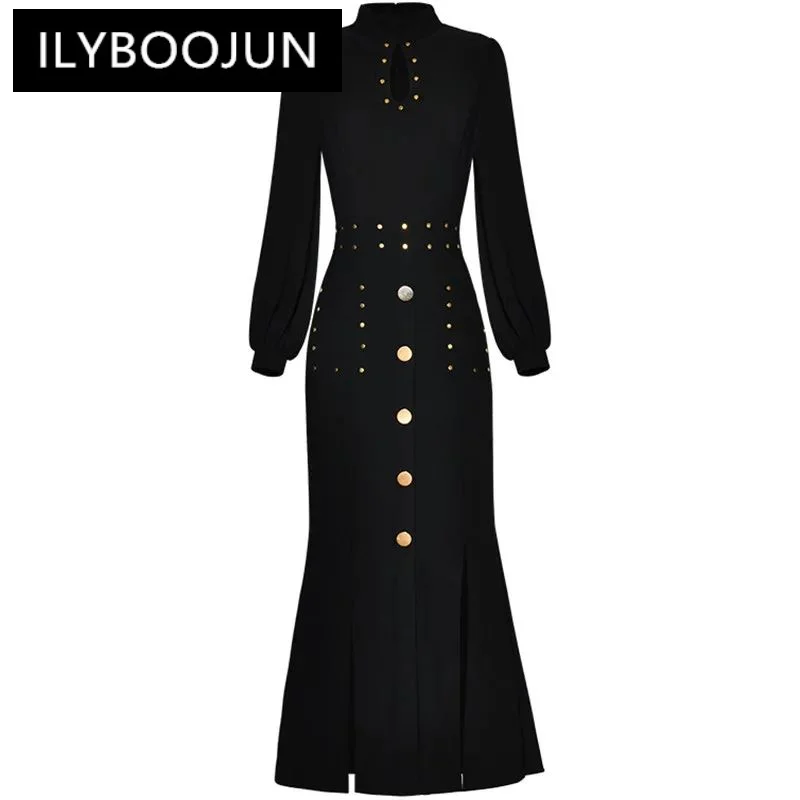 

ILYBOOJUN Fashion Designer Black Vintage Mermaid Dress Women's Lantern Sleeve Button Package Buttocks Slit Slim Long Dress