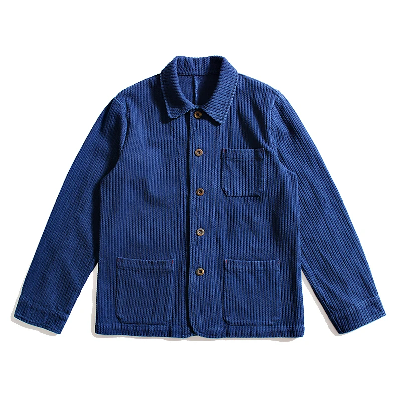 Indigo Cargo Jacket Men Vintage Heavy Weight Cotton Blue Dyed Workwear Tooling Jacket French Retro Multi-pocket Cardigan Coat 6