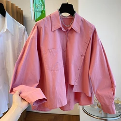2024 Early Spring New Loose Casual Asymmetric Irregular Pink Shirt Women Chic Design Fashion Short Blouse Solid Color Top