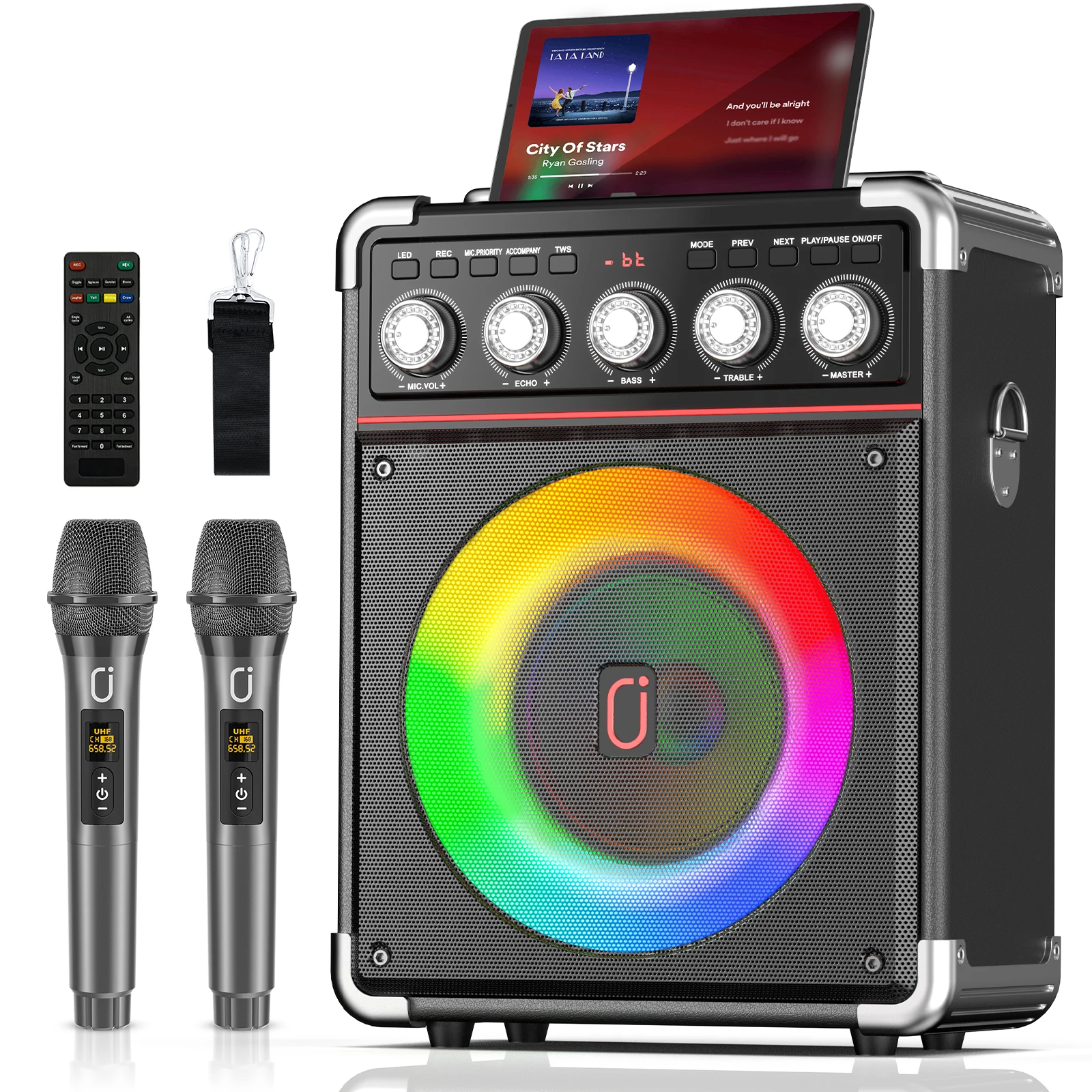 FanFun Karaoke Speaker Bluetooth Speaker with 2 Microphones and LED Light Portable Wireless Speaker Outdoor Party Speaker