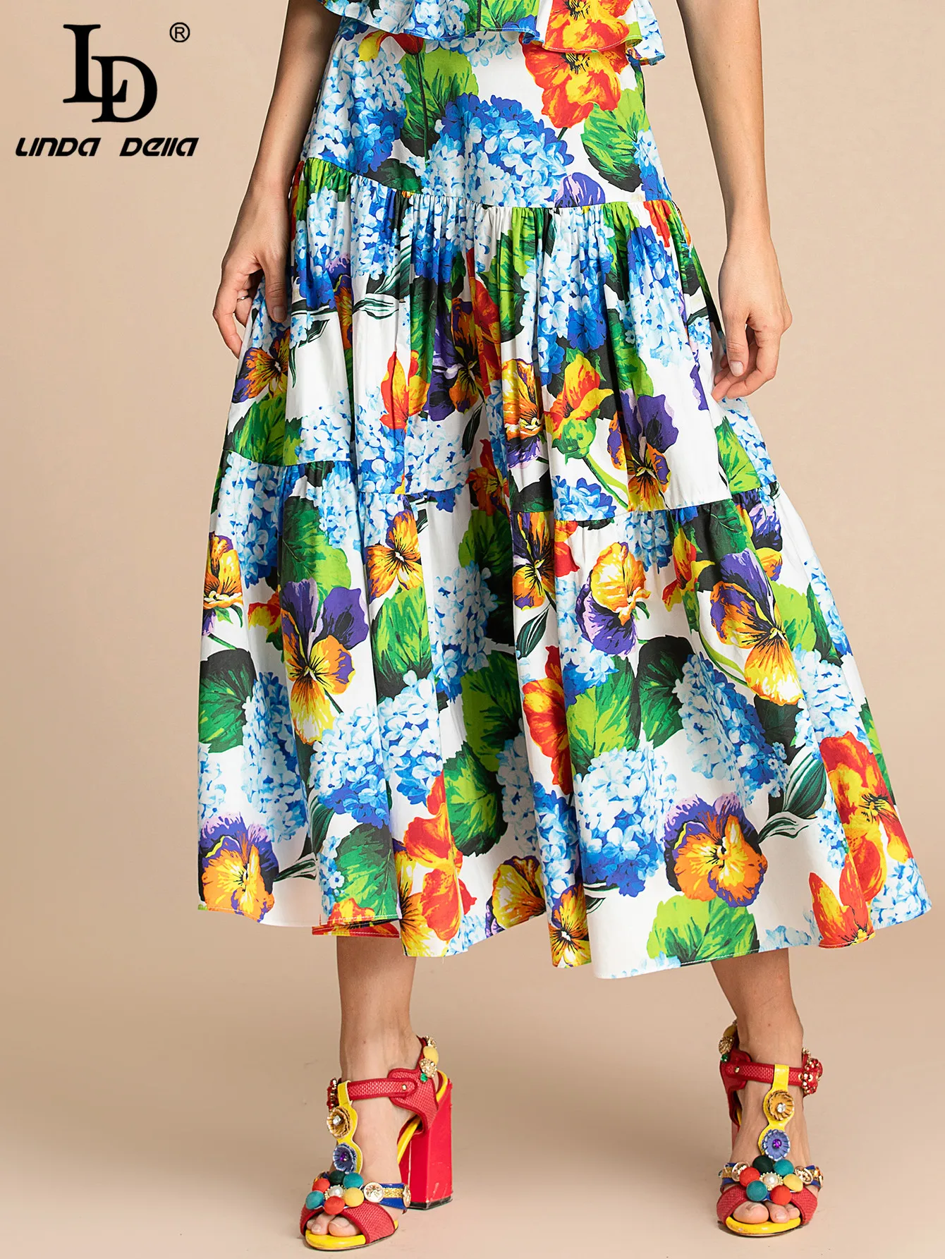 LD LINDA DELLA 2023 Bohemian Women Flower Print Holiday Skirt Summer Runway Fashion Cotton Midi Skirts