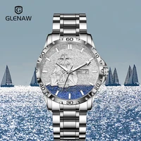 GLENAW Three Dimensional Sailing Dial Design Luxury Automatic Mechanical Watches Luminous waterproof Stainless Steel Strap Watch 1