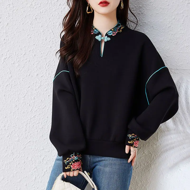 

2024 new chinese style embroidered hoodie women autumn winter oversized casual stand up collar top oriental style coat