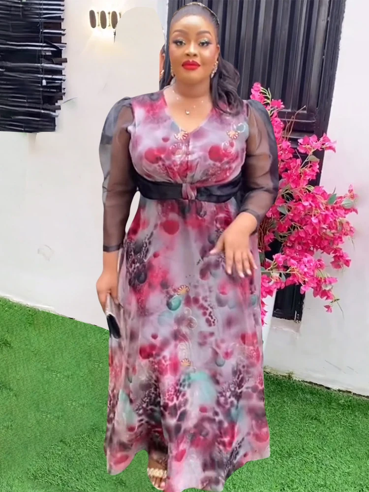 

African Dashiki Print Chiffon Dresses Elegant Women Long Sleeve Robe Wedding Party Gown 2024 Summer Ladies Clothing Boubou