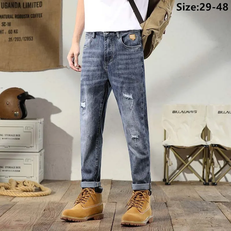 

Ripped Jeans Men Pencil Pants Loose Scratched Plus Size 48 46 44 40 Trousers Male Elastic Stretched Fit Distressed Denim Outwear