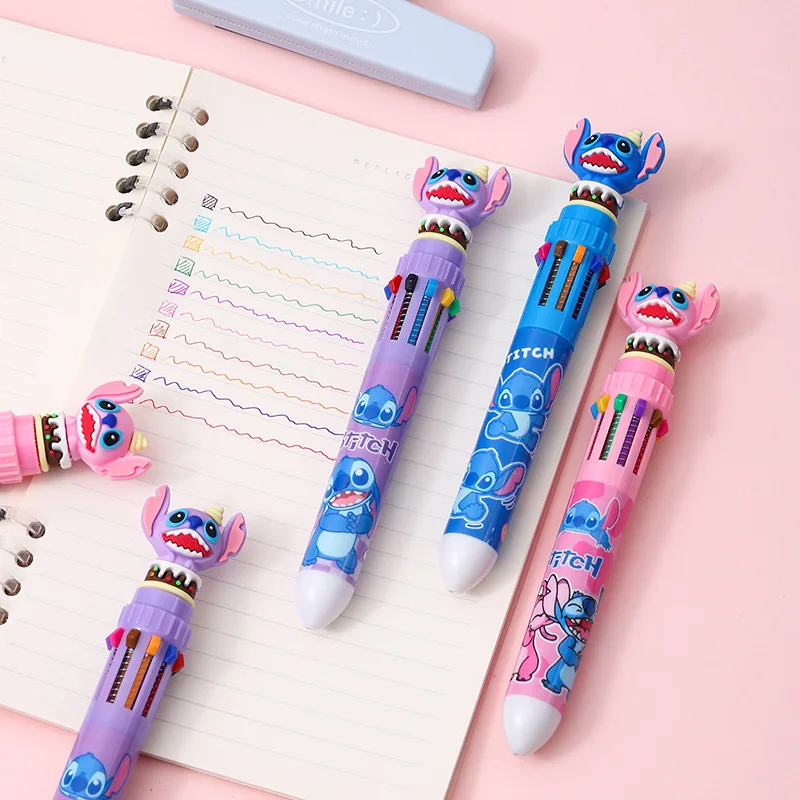 

Disney Kawaii Stitch Ten Color Ballpoint Pen Student Stationery Cartoon Figure Pressing Multi-color Hand Pen Student Gift Pen
