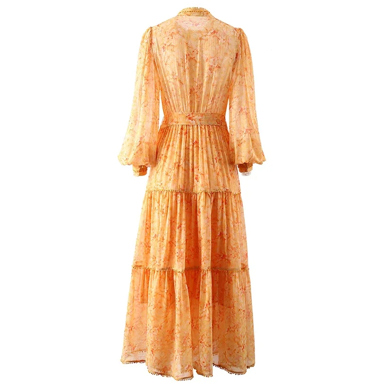 

Женское платье-миди с поясом, элегантное модельное платье оранжевого цвета с рукавами-фонариками и винтажным цветочным принтом, весна-лето