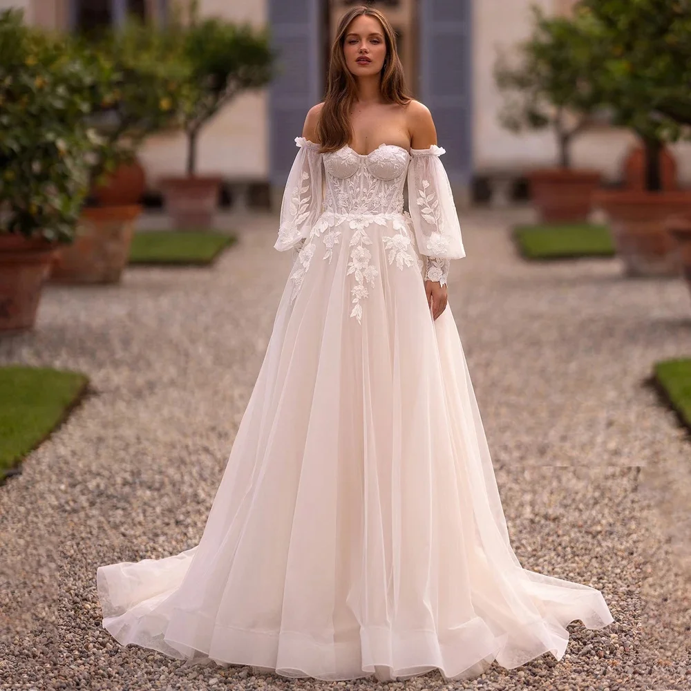 

Elegant Puff Sleeve Vestidos De Novia Tulle Sweep Train Lace Zipper A-Line Wedding Dresses Appliques Vestido De Noiva