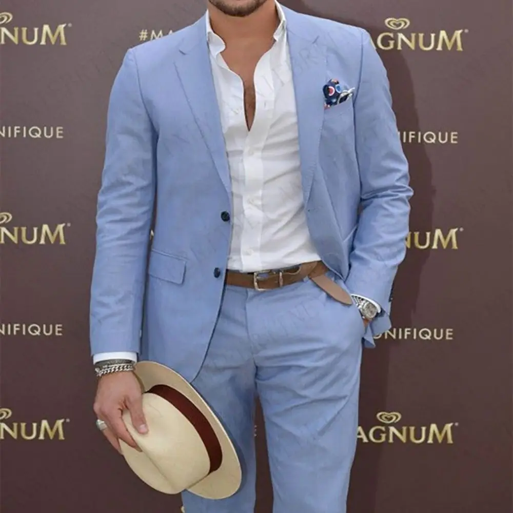 

Summer Blue Beach Wedding 2023 Linen Suit For Men 2 pieces Groom Blazer Casual Male Suits Custom Made Terno Masculino Hombre