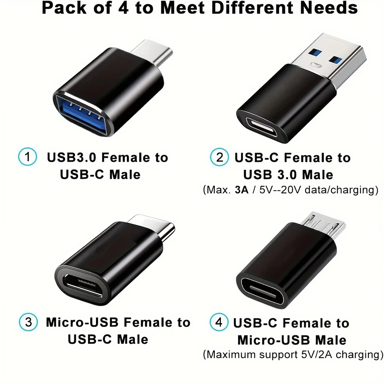 MacBook Pro/삼성 갤럭시/스마트폰/노트북/PC와 호환되는 USB-C 어댑터 4개 - USB-C-USB-/마이크로 USB 어댑터 콤보, O