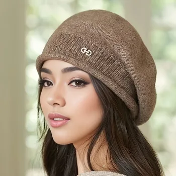Bonnet Smile extensible pour femme avec poche, bonnet en tricot acrylique doux et confortable, automne et hiver, 1PC