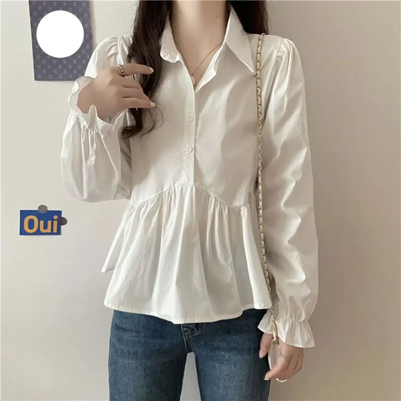 Elegante Mode Harajuku Slim Fit alle passen Bluse solide Knopf Patchwork Langarm Tops Frauen lose lässige Damen bekleidung – Detail 5