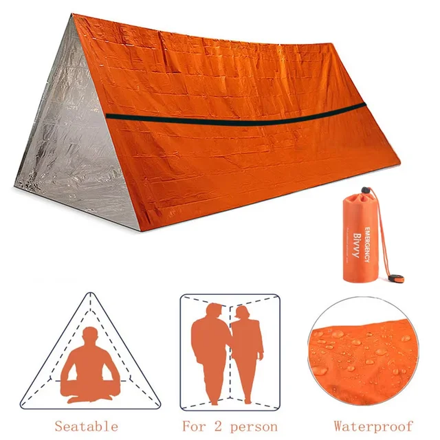 2 Person Emergency Shelter Bivy Survival Tent Kit Mylar Tube Tent Sleeping Bag Waterproof Outdoor SOS Thermal Blanket Reusable 3