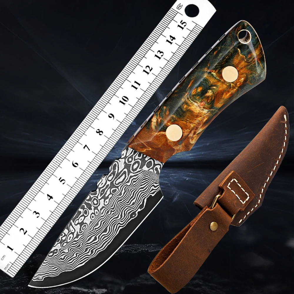 

Outdoor Survival Camping Pocket Knife Damascus Steel Blade Fixed Blade Hunting Knife Stable Wooden Handle with Leather Sheath