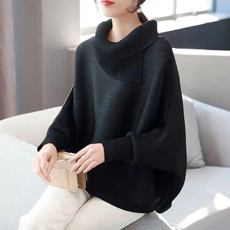 Fashion Solid Color Folds Asymmetrical Blouses Women's Clothing 2023 Autumn Winter Oversized Casual Tops Batwing Sleeve Shirts