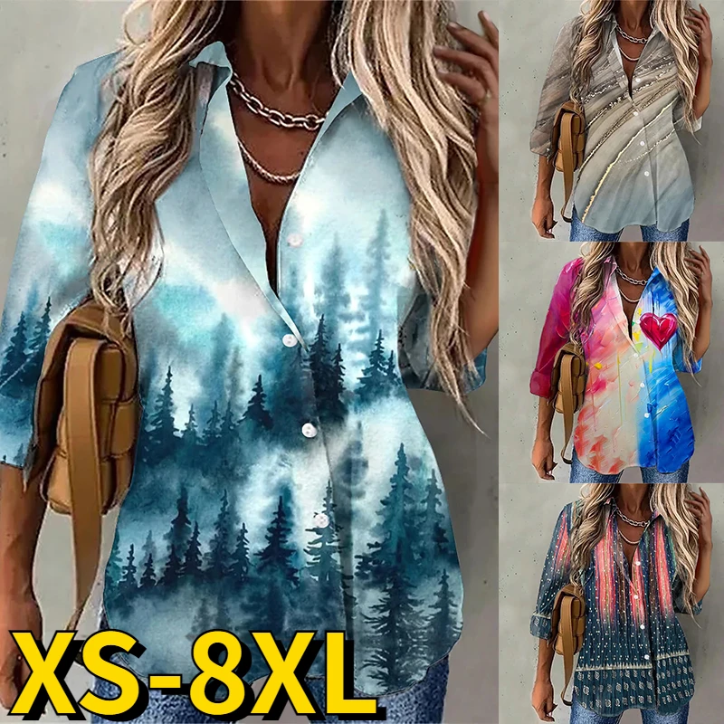

2023 New Spring Women V-neck Abstract Print Blouse Female Fashion Casual Blouse Elegant Button Long Sleeve Ladies Loose Shirt