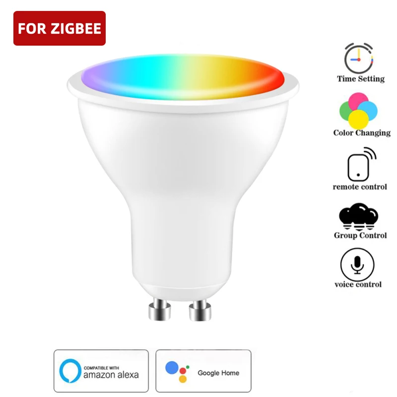 

Умная Светодиодная лампа TUYA Zigbee, лампа GU10 с регулируемой яркостью, RGB + CCT, 5 Вт, с голосовым управлением, с Alexa Google Home Яндекс Alice