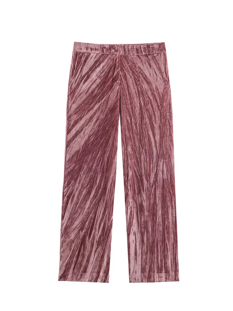 Women's Blazer Pants Set With Feather Cuffs Vintage Velvet Double Breasted Coat And Wide Leg Trousers Elegant Office Lady Suit