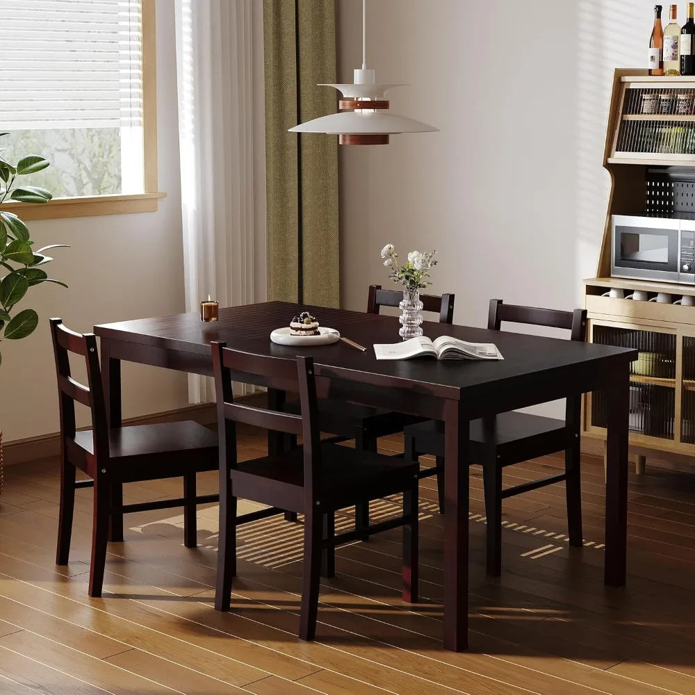 5-Piece Solid Wood Indoor Modern Rectangular Dining Table Set for 4,Table and 4 Solid Wood Dining Chairs for Kitchen,Living Room 5