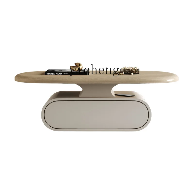 

Tqh Wood Color Solid Wood Tea Table Living Room Cream Style Oval Tea Table Small Apartment Home