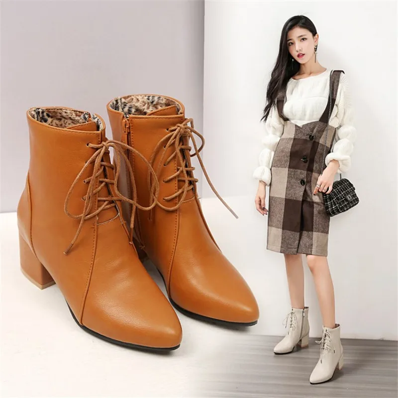 Fashion Women's Ankle Boots Autumn Winter Lace Up Pointed Toe Female Boots High Heel Shoes Woman Warm Plush Short Boots 34- 45