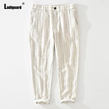 Ladiguard 2022 Men's Casual Linen Pants Loose Button Fly Striped Trouser Plus Size Mens Fashion Zipper Pocket Sweatpants Homme